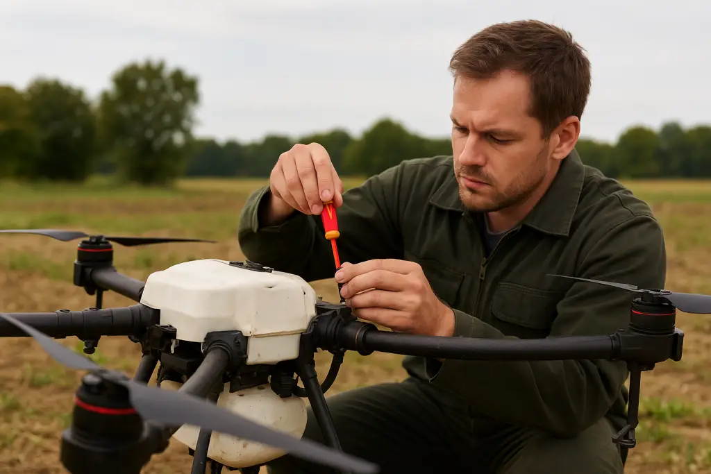 Mann repariert Drohne