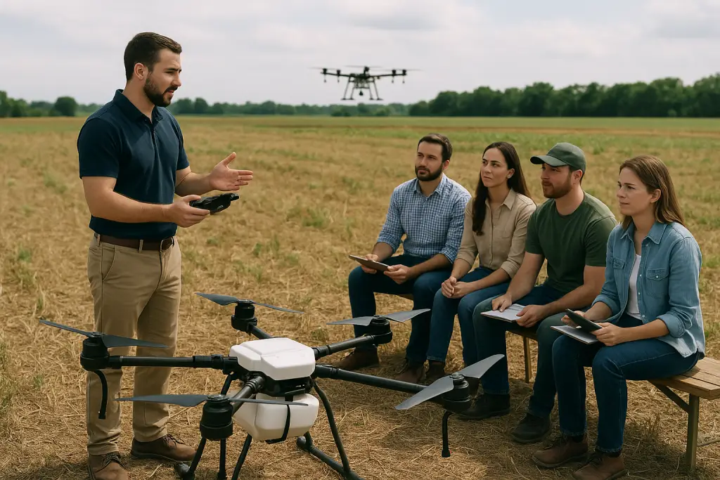 Mann erklärt der Gruppe den Einsatz von Drohnen.
