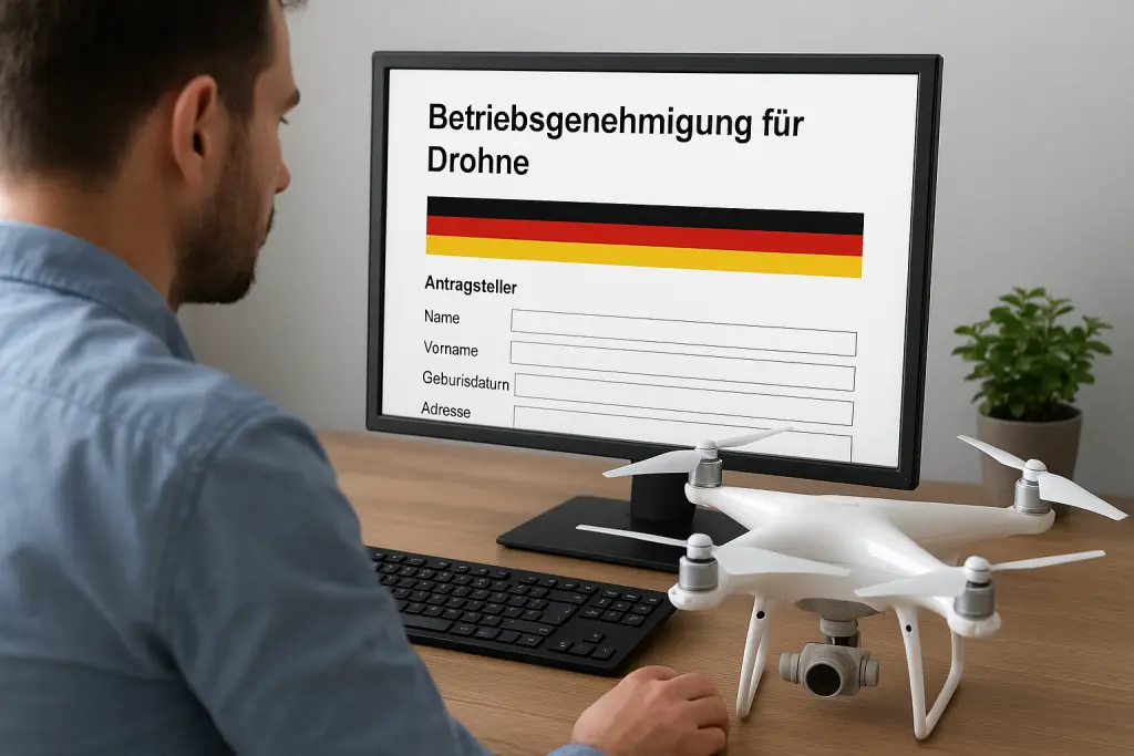 Mann sitzt vor dem Computer, macht Antrag auf Drohnenlizenz.